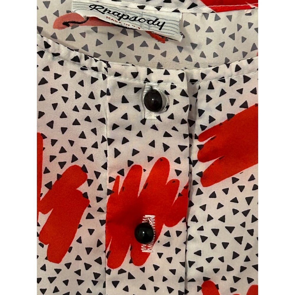Vintage Rhapsody 1980s Print Womens White Red & Black Abstract Print Blouse FLAW - Picture 3 of 8